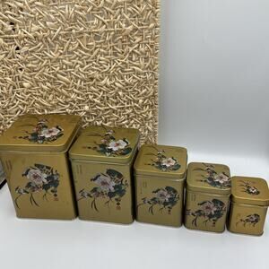 5 Vintage Nesting Tea Tins Gold Pink Birds & Blossoms Hong Kong MCM Asian Read